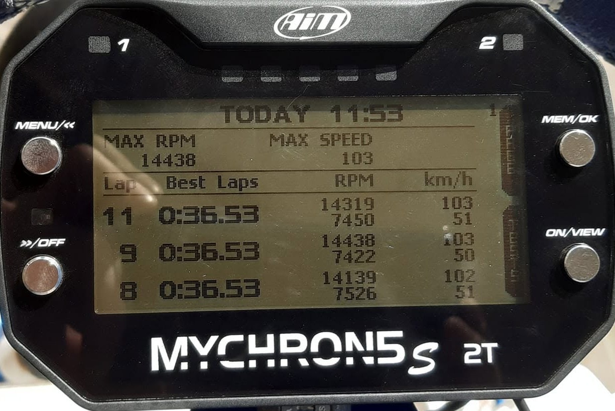AIM MyChron5s lap timer showing Oceane's best laps of 0:36.53